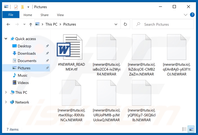 Files encrypted by NEWRAR ransomware ([newrar@tuta.io].[random_string].NEWRAR renaming pattern)