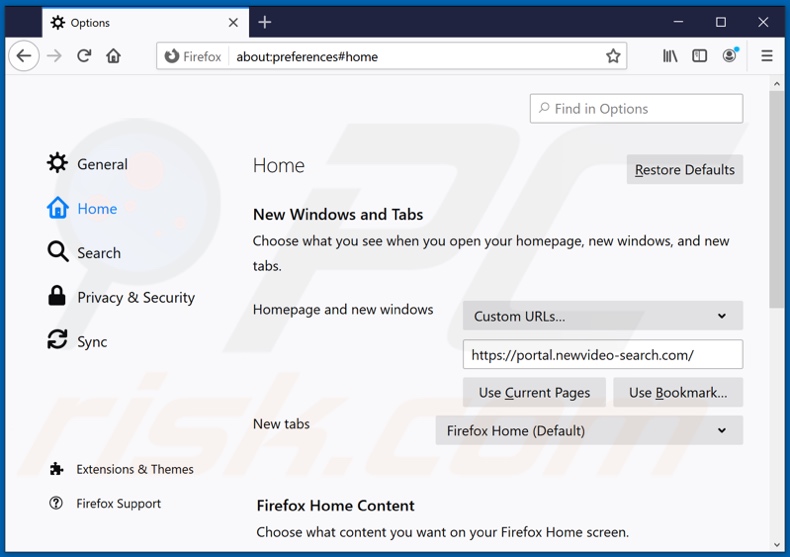 Removing newvideo-search.com from Mozilla Firefox homepage