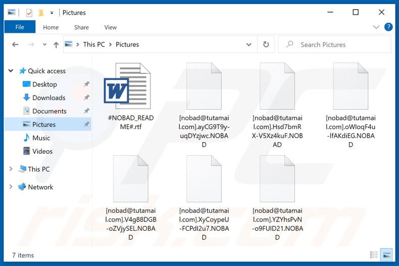 Files encrypted by NOBAD ransomware ([nobad@tutamail.com].[random_string].NOBAD - renaming pattern)