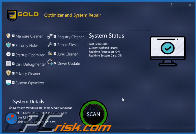 Appearance of PC Gold Optimizer and system repair PUA (GIF)