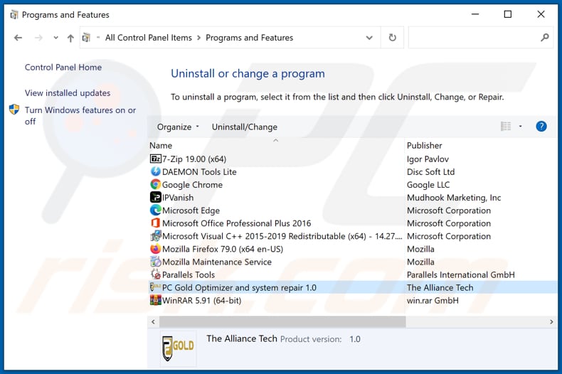 PC Gold Optimizer and system repair adware uninstall via Control Panel