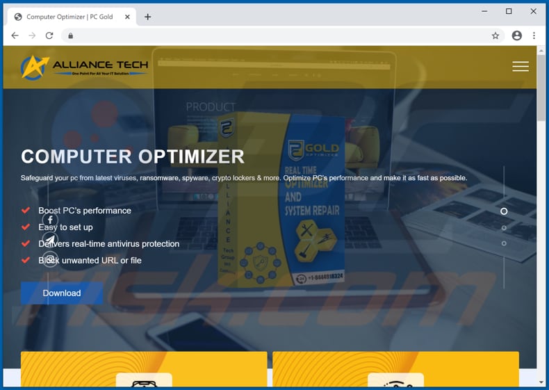 Website used to promote PC Gold Optimizer and system repair PUA