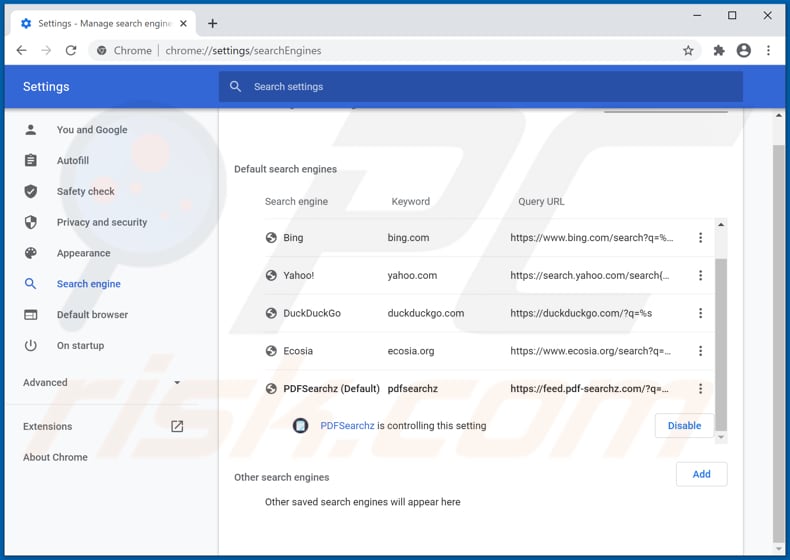 Removing pdf-searchz.com from Google Chrome default search engine