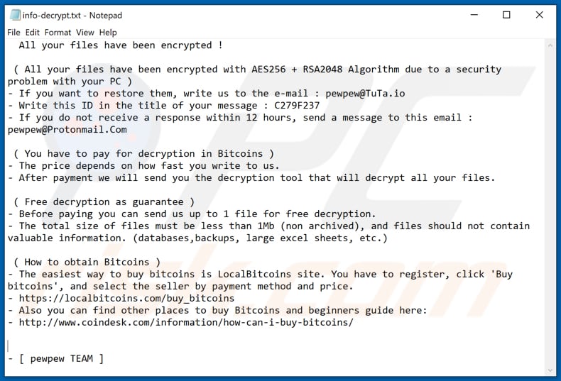 PewPew ransomware text file (info-decrypt.txt)