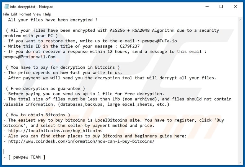 PewPew ransomware text file (info-decrypt.txt)