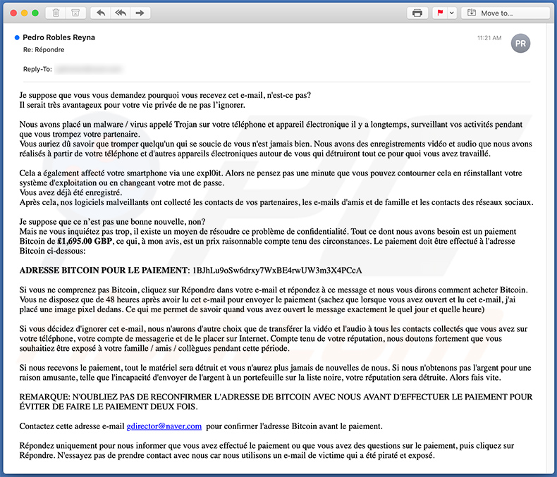 French variant of Placed A Malware On The Xxx Streaming Site scam email (2020-09-17)