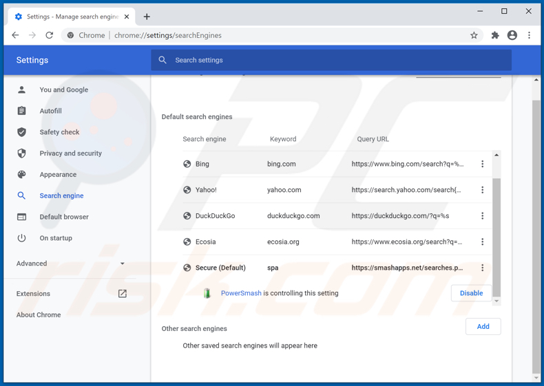 Removing smashapps.net from Google Chrome default search engine