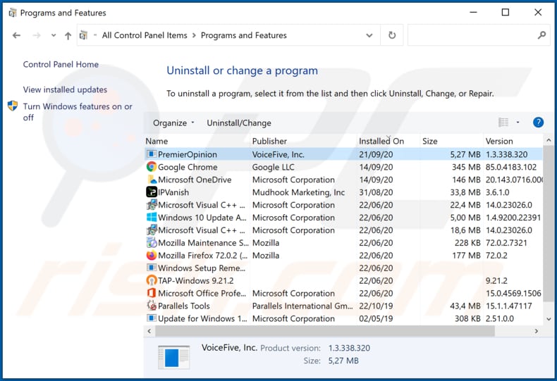 PremiereOpinion adware uninstall via Control Panel