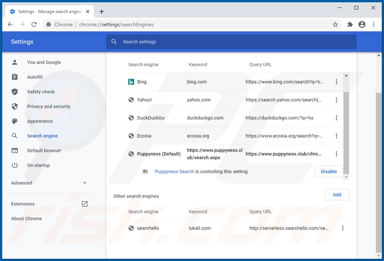 Removing puppyness.club from Google Chrome default search engine