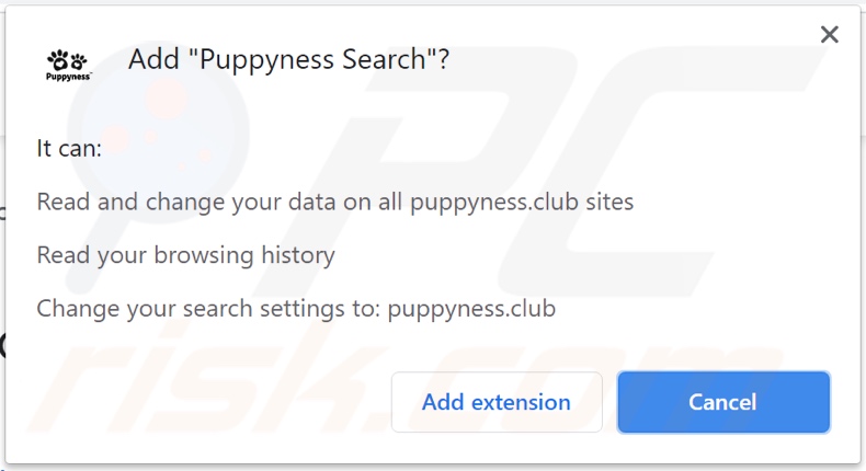 Puppyness Search browser hijacker asking for permissions