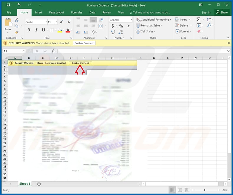 Raccoon Stealer malware-spreading MS Excel document