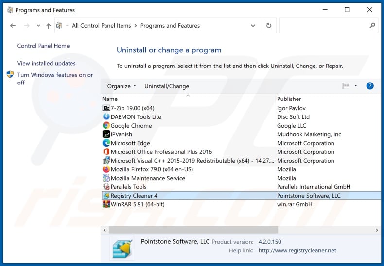 Registry Cleaner adware uninstall via Control Panel