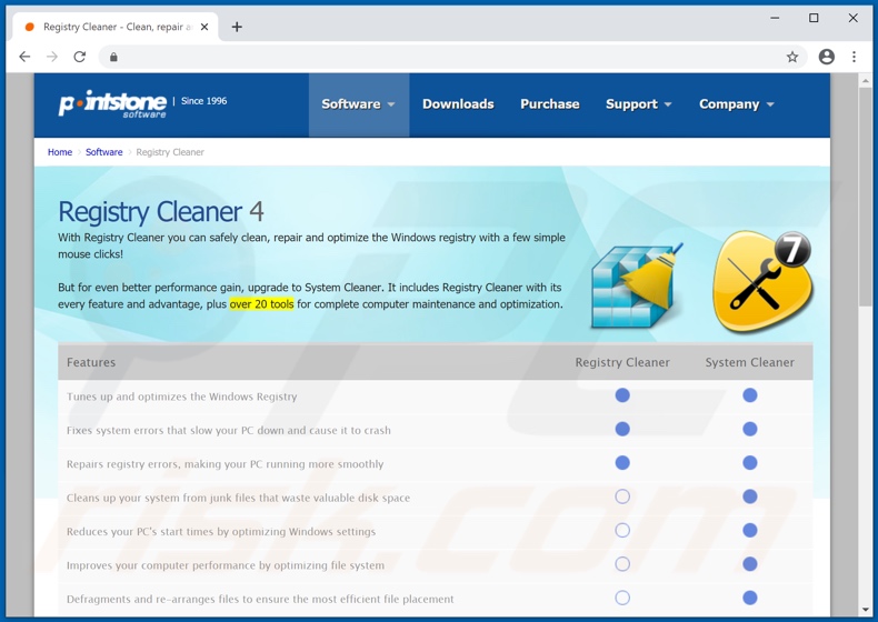 Website used to promote Registry Cleaner PUA