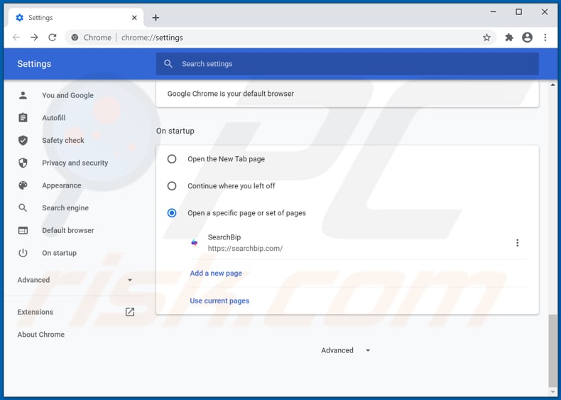 Removing searchbip.com from Google Chrome homepage