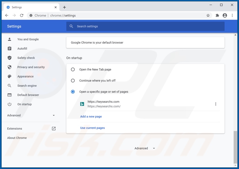 Removing keysearchs.com from Google Chrome homepage