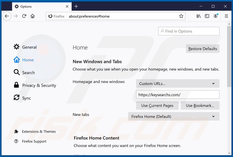Removing keysearchs.com from Mozilla Firefox homepage
