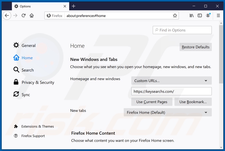 Removing keysearchs.com from Mozilla Firefox homepage