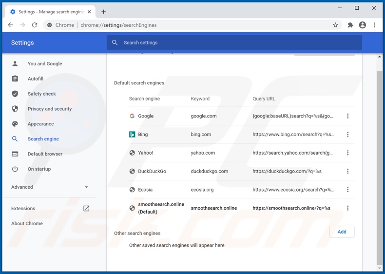 Removing smoothsearch.online from Google Chrome default search engine