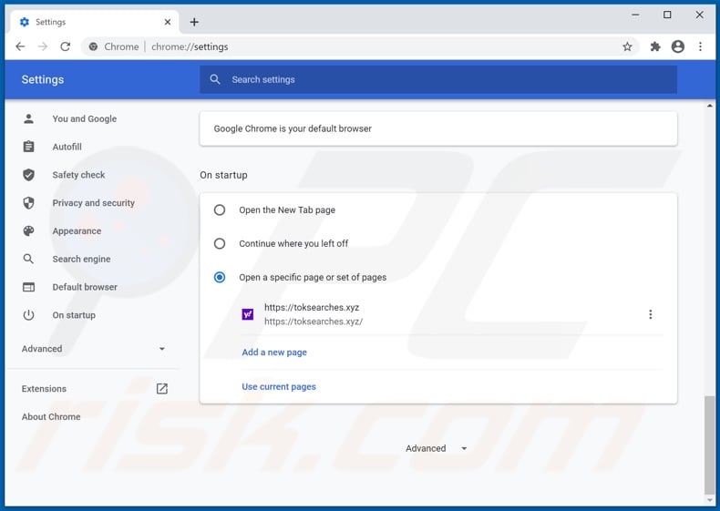 Removing toksearches.xyz from Google Chrome homepage