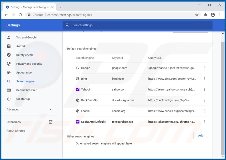 Removing toksearches.xyz from Google Chrome default search engine