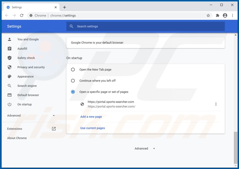 Removing sports-searcher.com from Google Chrome homepage