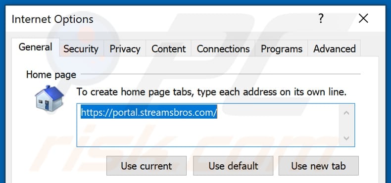 Removing streamsbros.com from Internet Explorer homepage