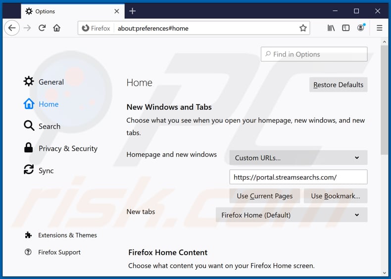 Removing streamsearchs.com from Mozilla Firefox homepage