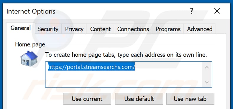 Removing streamsearchs.com from Internet Explorer homepage