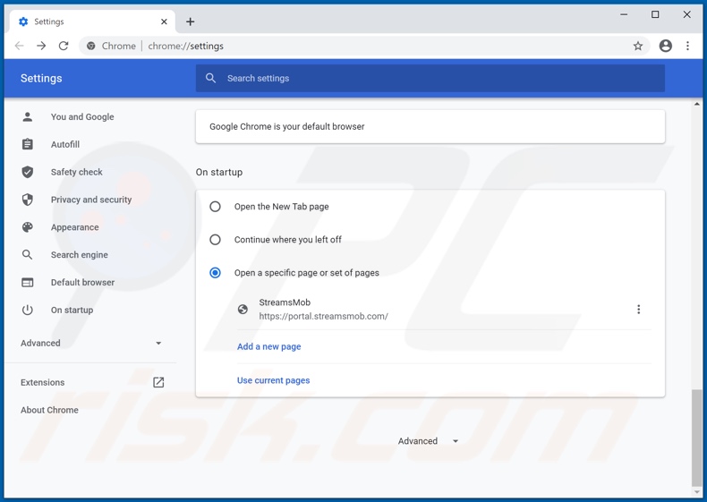 Removing streamsmob.com from Google Chrome homepage