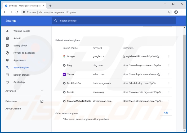 Removing streamsmob.com from Google Chrome default search engine