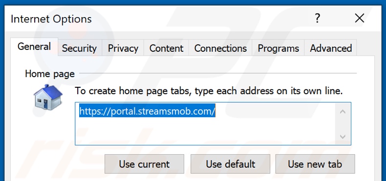 Removing streamsmob.com from Internet Explorer homepage