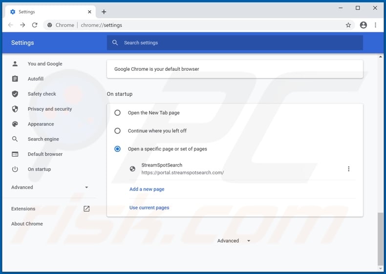 Removing streamspotsearch.com from Google Chrome homepage