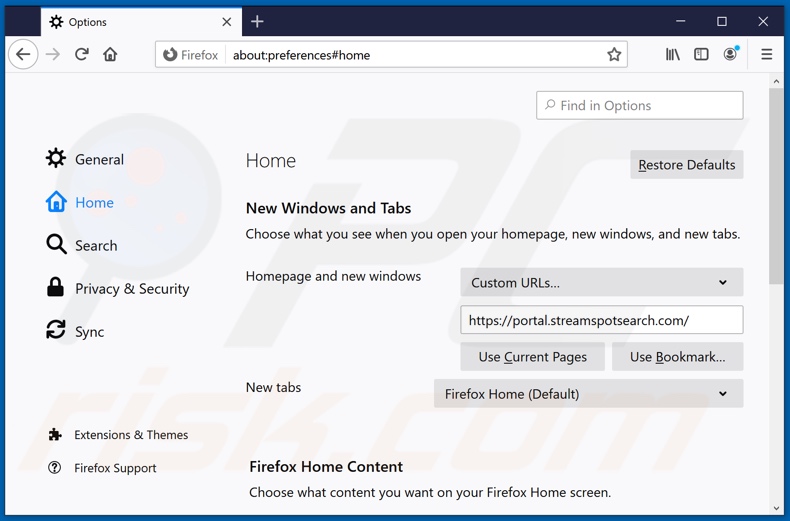 Removing streamspotsearch.com from Mozilla Firefox homepage
