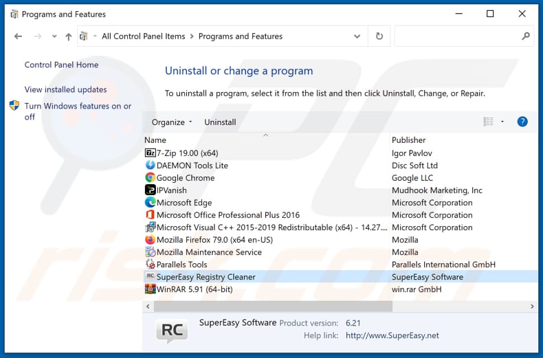 SuperEasy Registry Cleaner adware uninstall via Control Panel