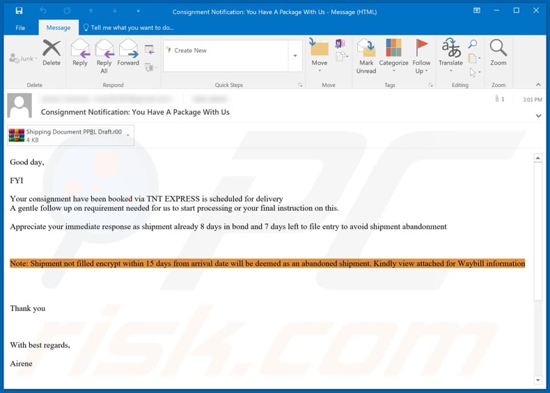 TNT EXPRESS malware-spreading email spam campaign