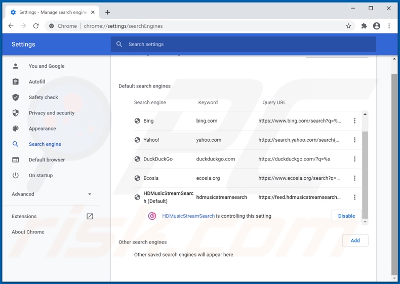Removing hdmusicstreamsearch.com from Google Chrome default search engine