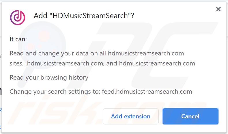 HDMusicStreamSearch browser hijacker asking for permissions