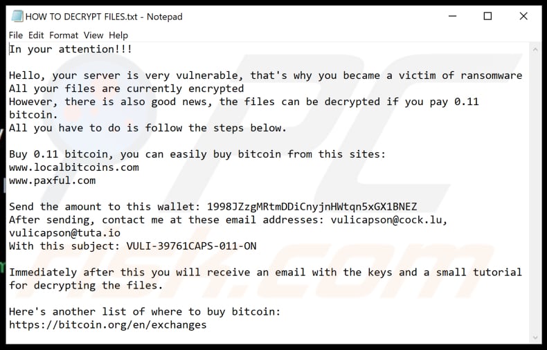 VuLi ransomware text file (HOW TO DECRYPT FILES.txt)