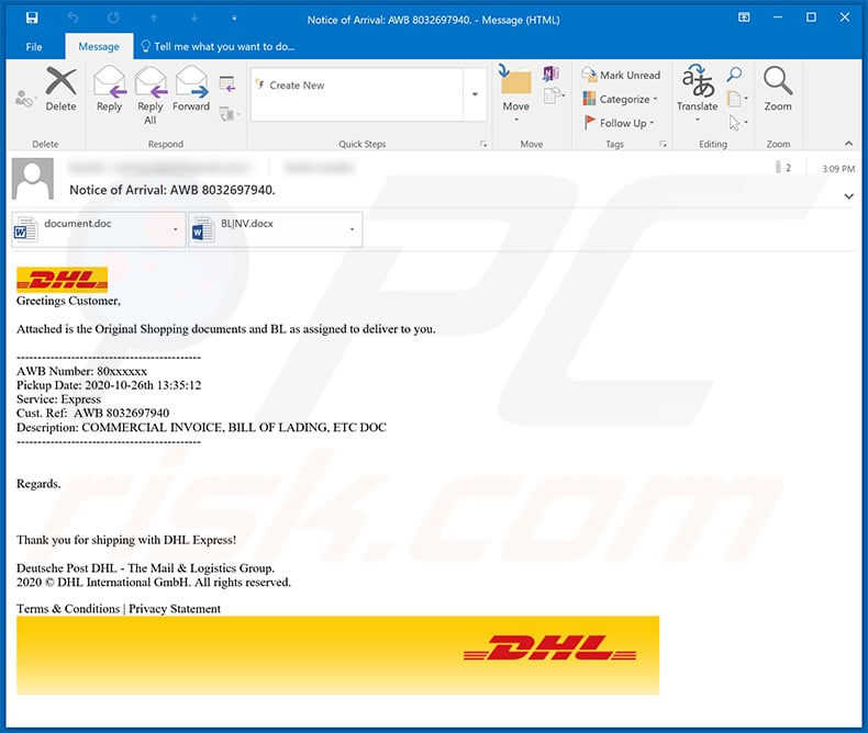 DHL-themed spam email used to spread Agent Tesla RAT (2020-10-26)