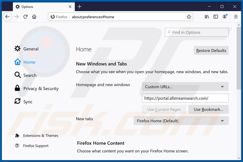 Removing allstreamsearch.com from Mozilla Firefox homepage