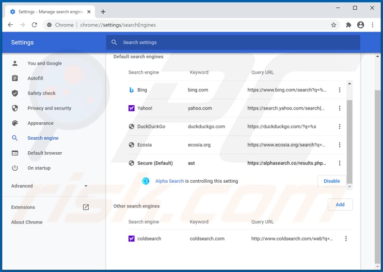 Removing alphasearch.co from Google Chrome default search engine