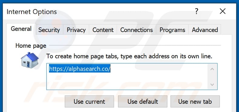 Removing alphasearch.co from Internet Explorer homepage