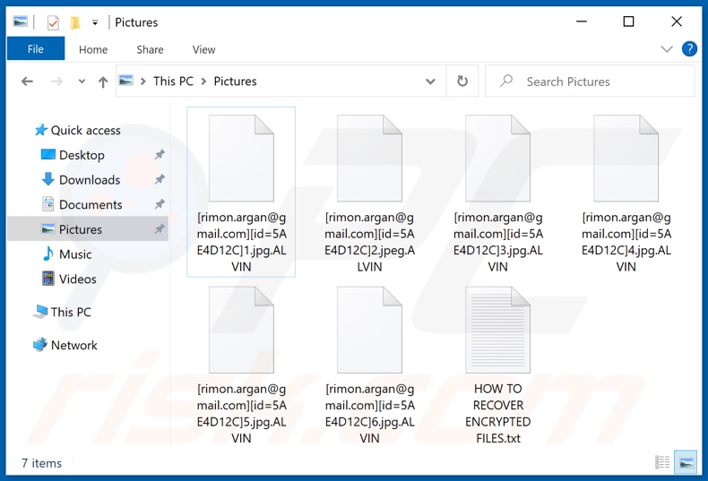 Files encrypted by ALVIN ransomware (renaming pattern: [rimon.argan@gmail.com][id=victim's_ID][original_filename].ALVIN)