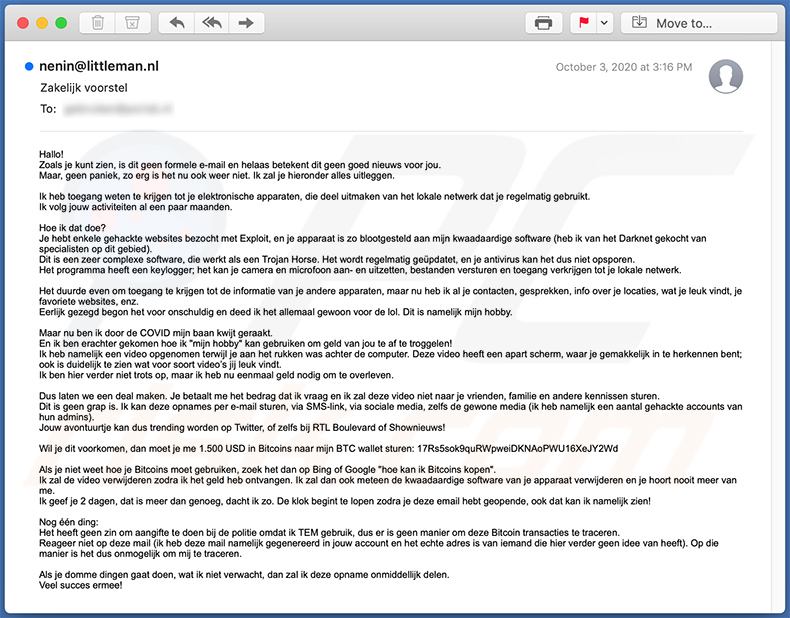 A Dutch variant of I Have Bad News For You spam email