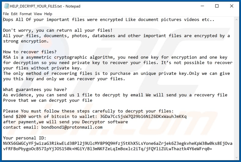 Bondy ransomware ransom note (HELP_DECRYPT_YOUR_FILES.txt)