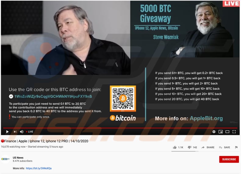 btc giveaway scam promoting youtube video