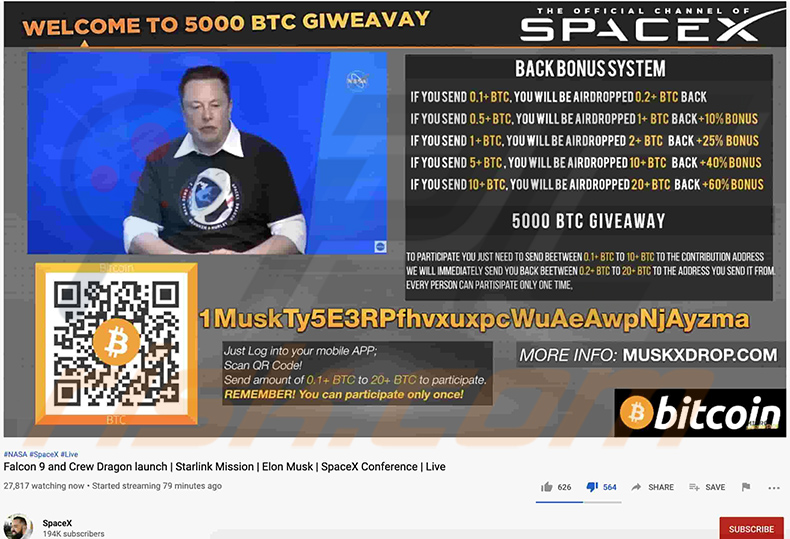 Elon Musk-themed video promoting BTC Giveaway scam