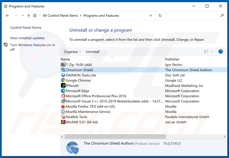 Chromium Shield adware uninstall via Control Panel