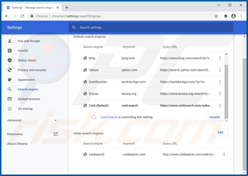 Removing coldsearch.com from Google Chrome default search engine