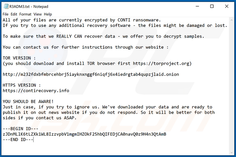 CONTI Ransomware ITTZN variant ransom note